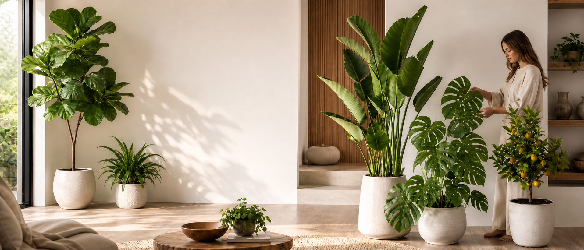 Woman standing in a modern living room with various potted plants.