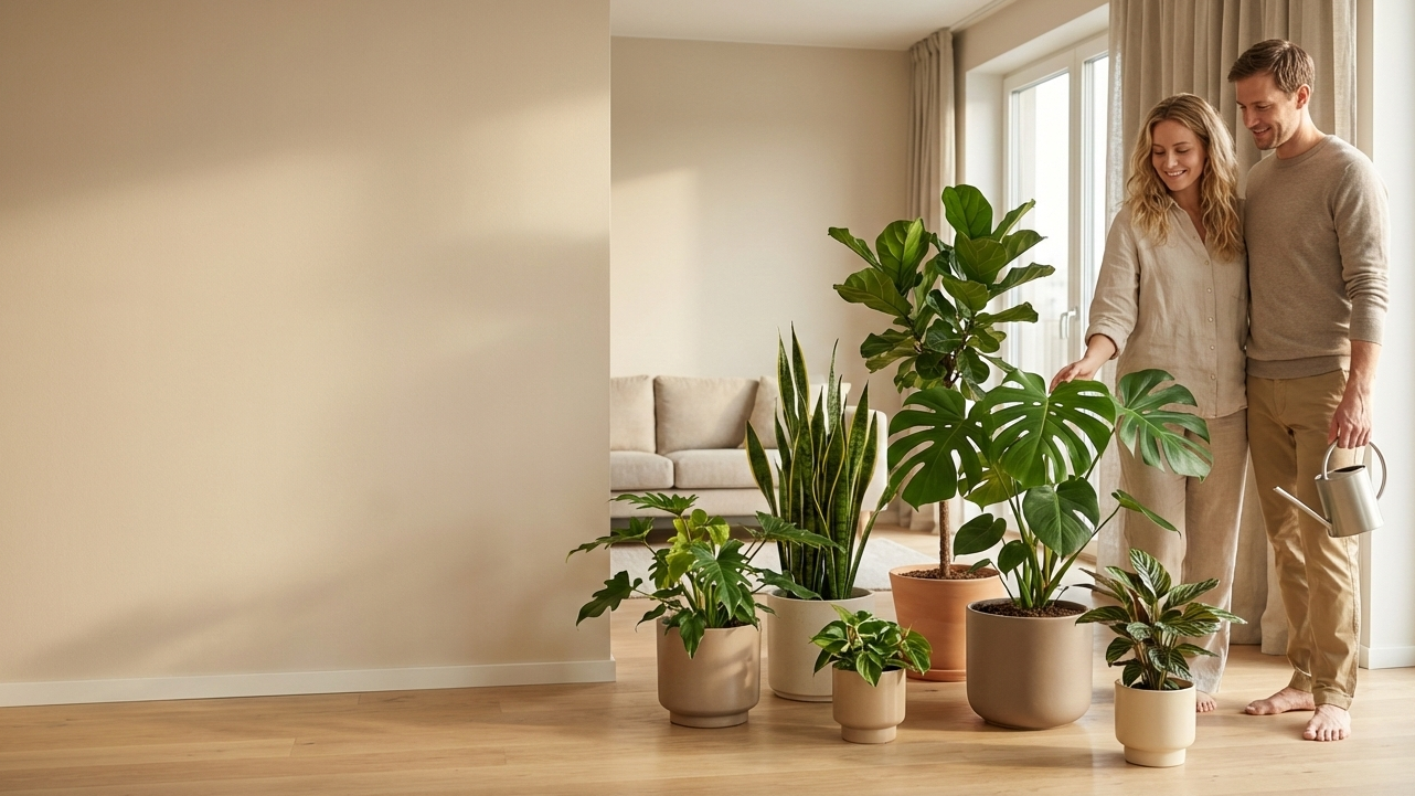 Man and woman in a living room with multiple potted plants