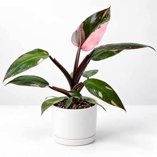 A potted variegated Philodendron Pink Princess plant with green, pink, and burgundy variegated leaves, in a white ceramic pot against a clean white background.